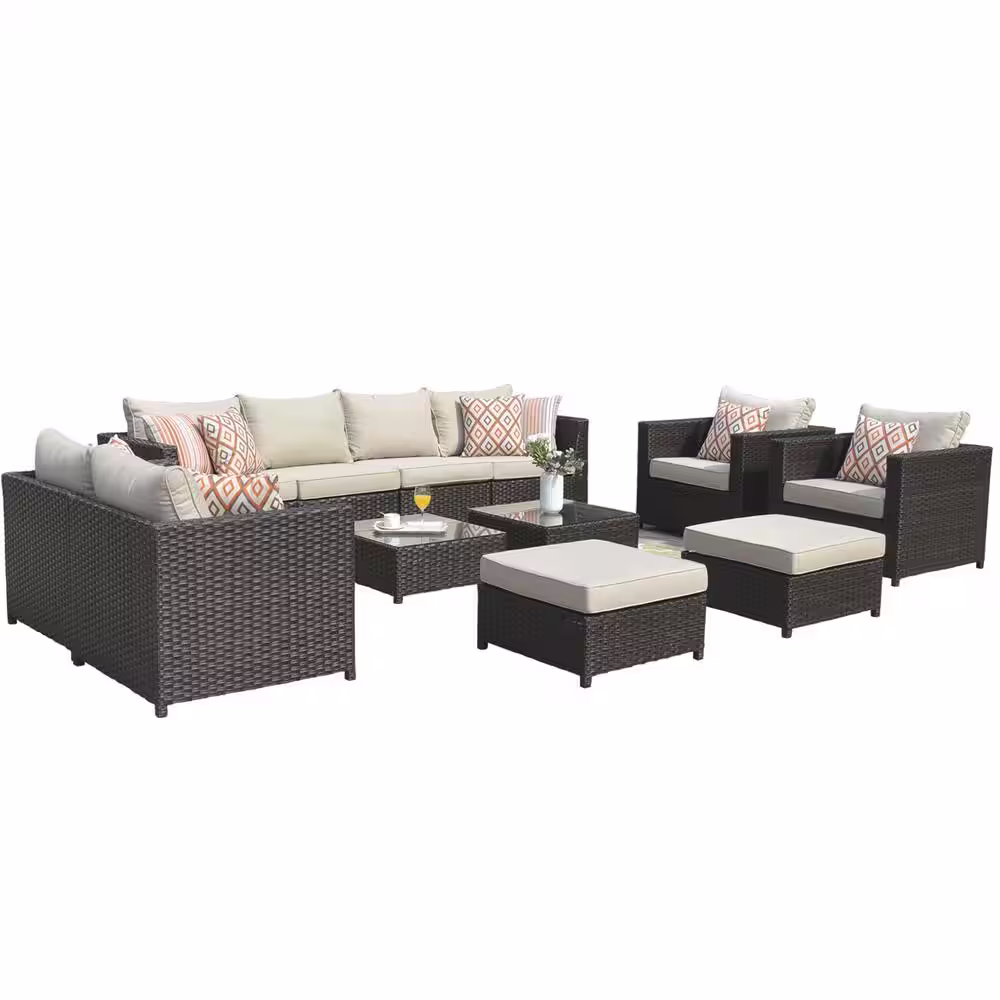 OVIOS Wassilka 12-Piece Big Size Wicker Patio Conversation Set with Beige Cushions