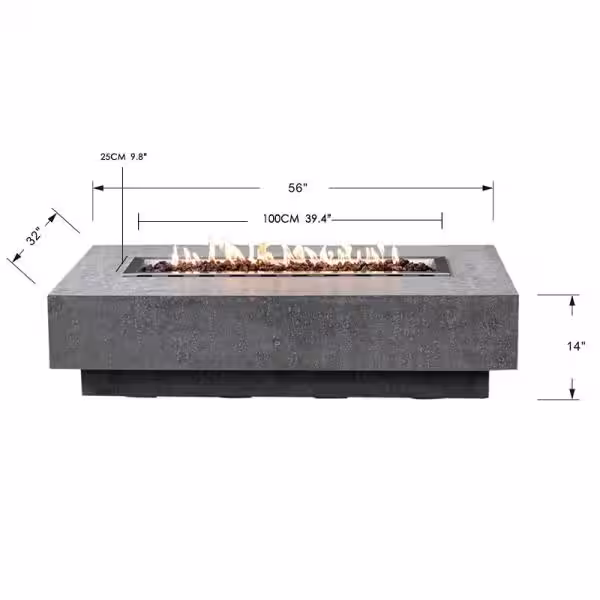 Elementi Hampton 56 in. x 32 in. x 14 in. Rectangle Concrete Propane Fire Pit Table in Light Gray