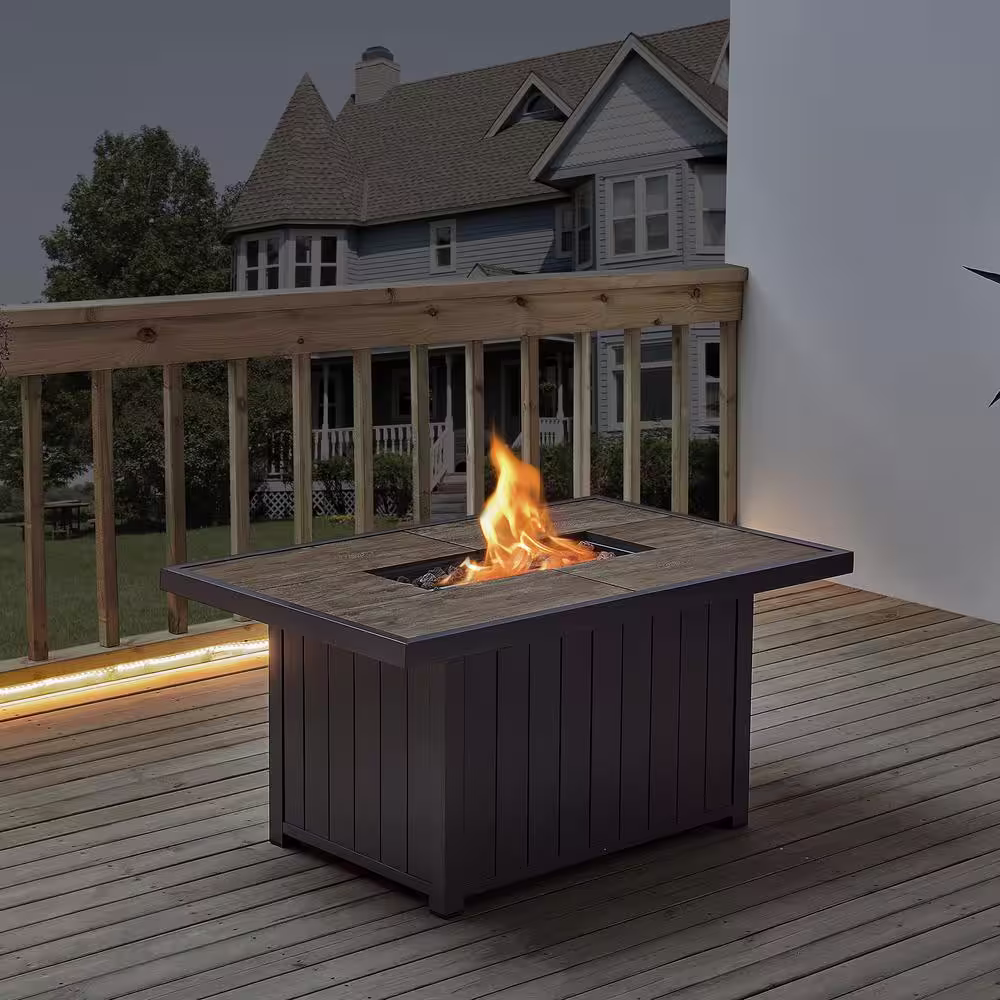 Hampton Bay Belize 51 in. W x 25 in. H Rectangle Aluminum Liquid Propane Fire Pit in Dark Brown