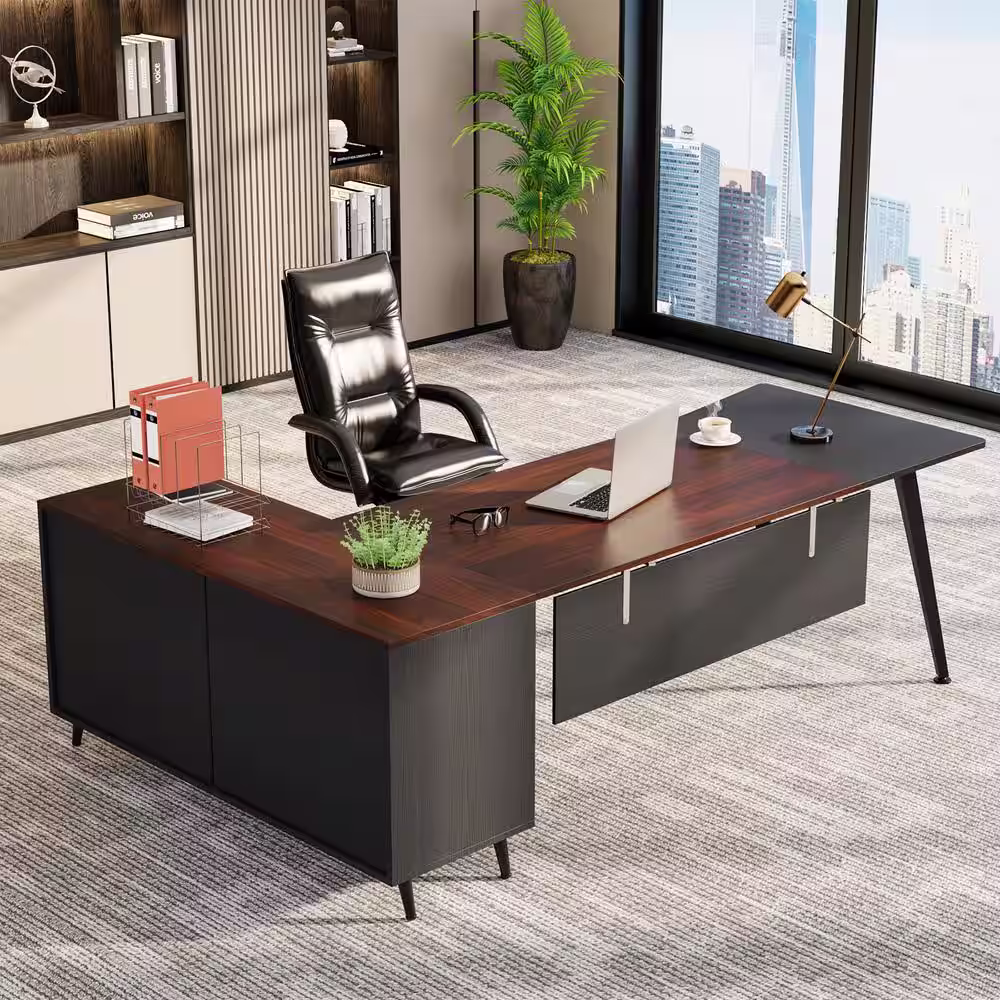 None Capen 87 in. L Shaped Brown Engineered Wood 2 Drawer Executive Desk with 51 in. File Cabinet Home Office Computer Desk