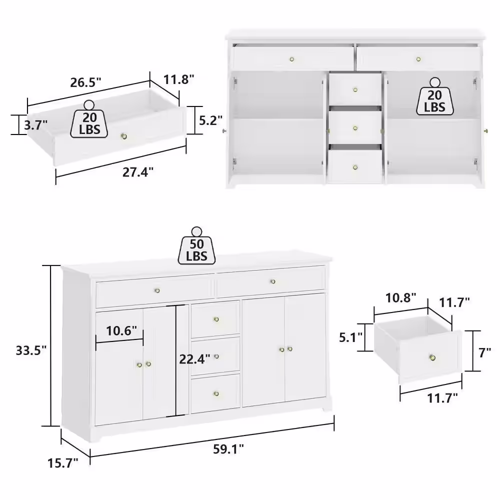 None 5 of Drawers White Wooden Dresser 59.1 in. W x 33.5 in. H x 15.7 in. D