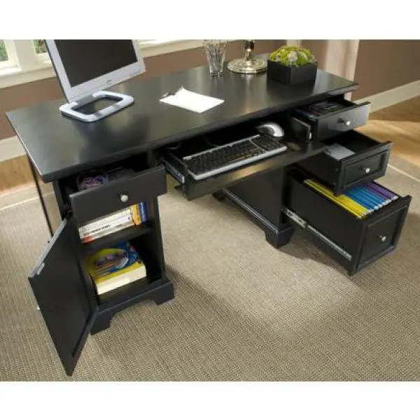 HOMESTYLES 54 in. Rectangular Black 5 Drawer Executive Desk with Keyboard Tray