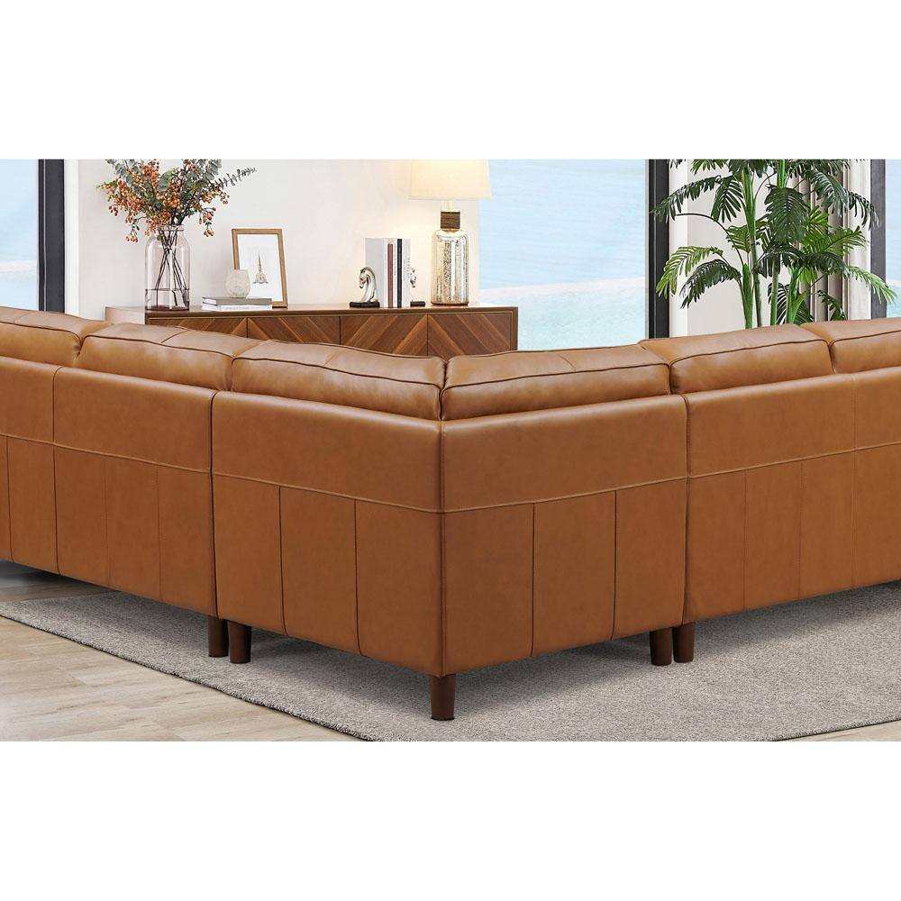 Hydeline Bella 132 in. Square Arm 4-Piece Leather Lawson 6-Seater Sectional Sofa in Brown w/Left Facing Chaise