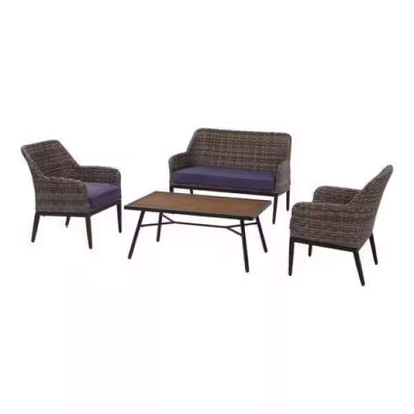 StyleWell Clovermill 4-Piece Steel Outdoor Patio Conversation Set with Olefin Solid Twilight Blue Cushions
