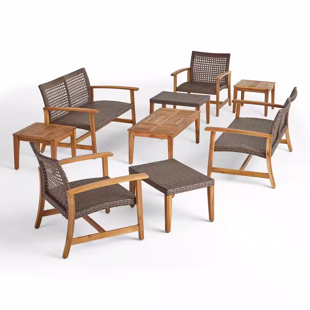 Noble House Hampton Natural 9-Piece Wood and Faux Rattan Patio Conversation Set