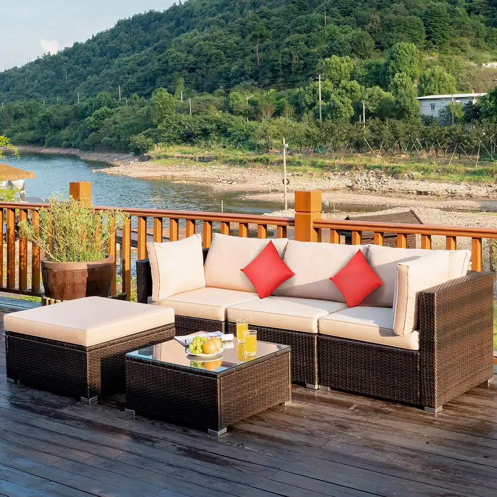 Costway Island 5-Piece Wicker Outdoor Patio Rattan Furniture Sectional Conversation Set with Beige Cushion