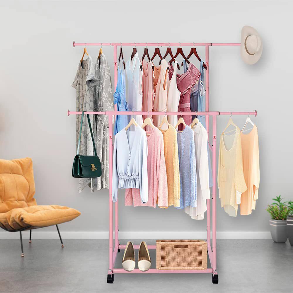 None Pink Metal Garment Clothes Rack Double Rod 48 in. W x 65 in. H