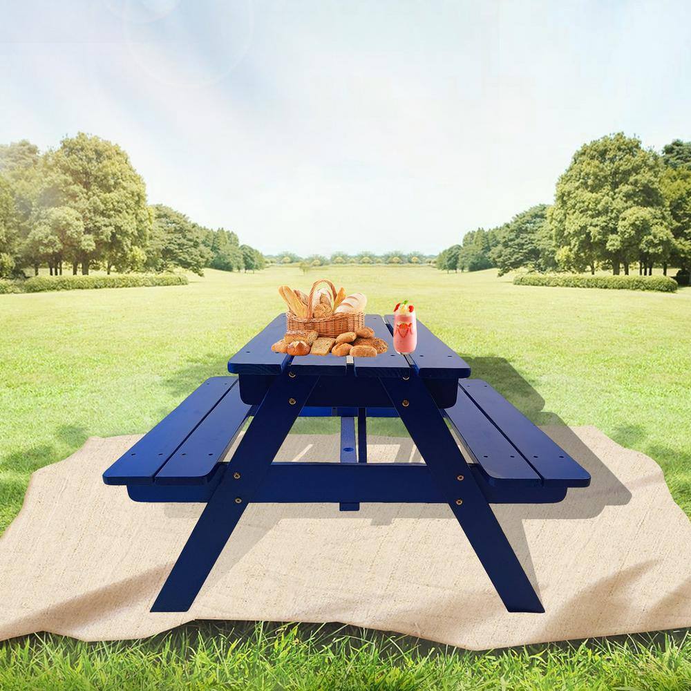 None 33.6 in. W x 29.9 in. D x 20.87 in. H Blue Wooden Picnic Table Children's Dining Table with Benches