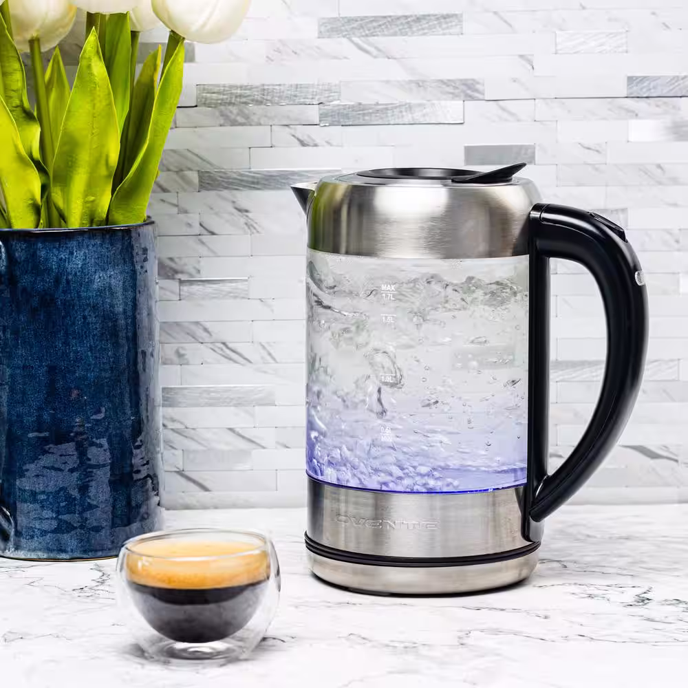 OVENTE 7-Cup 1.7 l Silver Glass Electric Kettle with ProntoFill Technology-Fill Up with Lid On