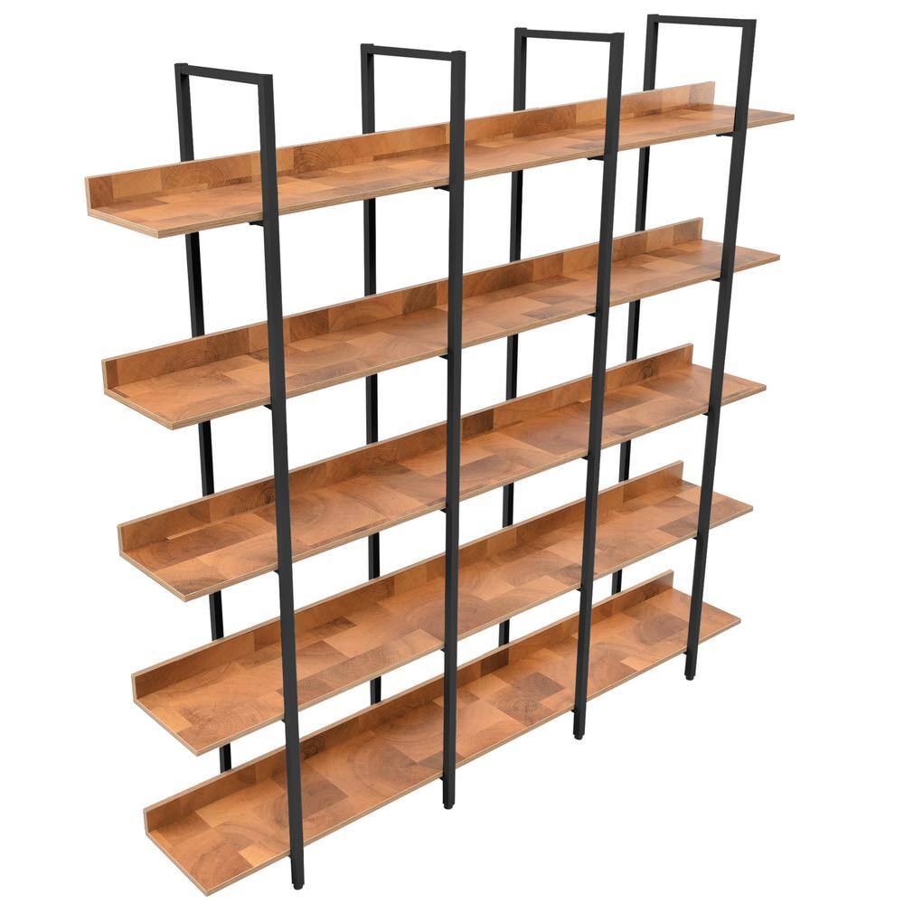 Siavonce 11.80 in. W x 70.90 in. H x 70.90 in. D Black+Brown 5 Tier Metal Frame Bookcase Home Office Open MDF Board Bookshelf