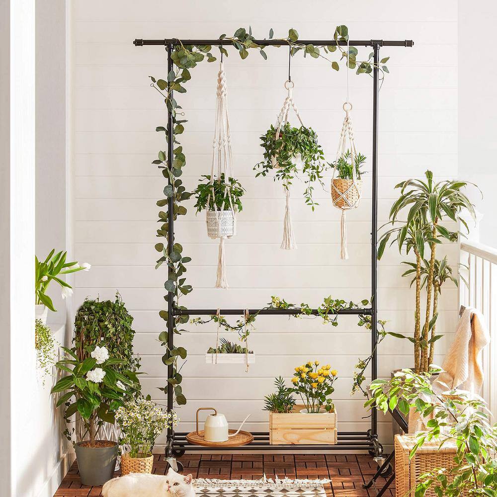 None Black Metal Garment Clothes Rack with Shelves 51 in. W x 78 in. H