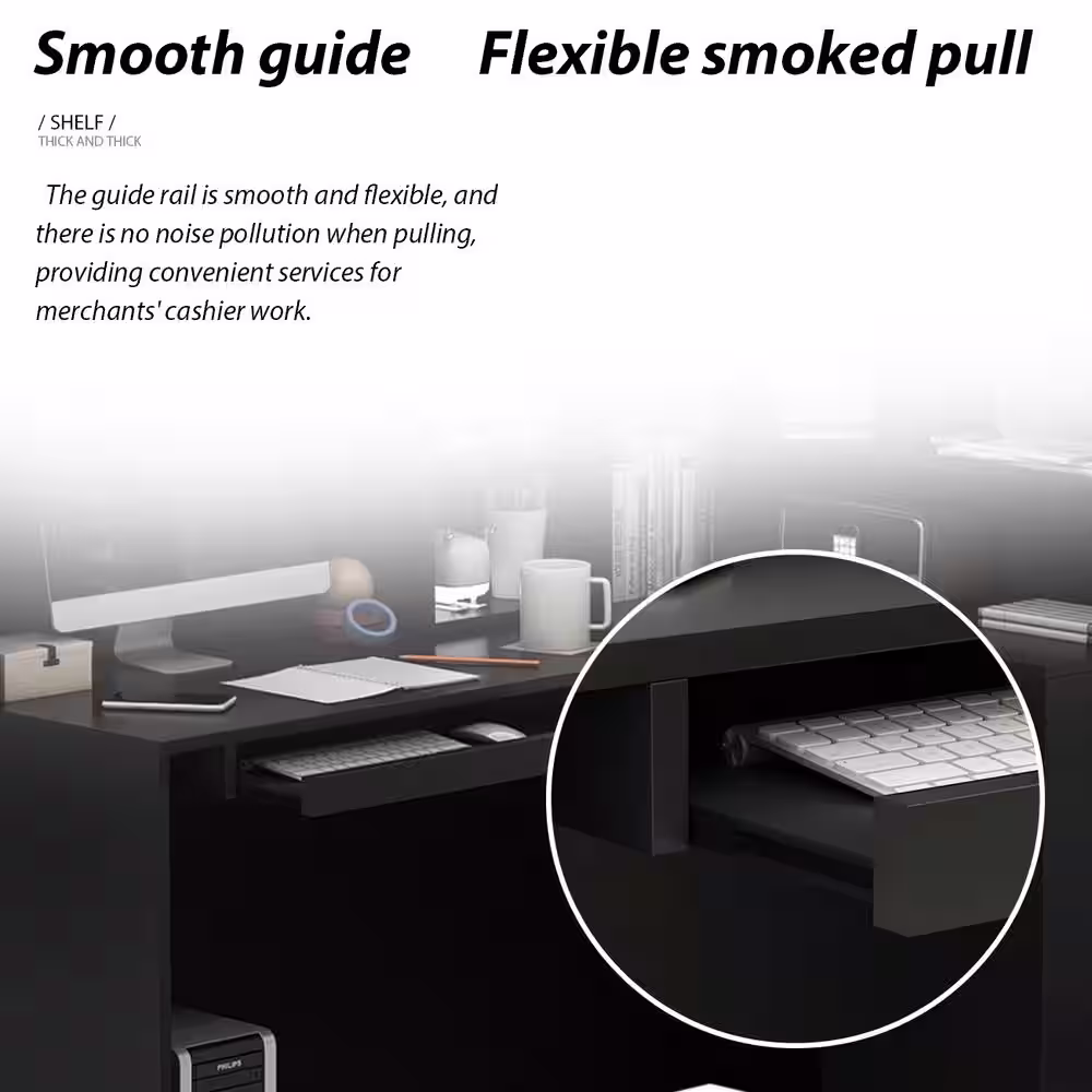 FUFU&GAGA 55.9 in. L Shaped Black Wood Executive Desk Reception Desk Computer Writing Desk W/Removable Shelves, Drawer, Cabinet