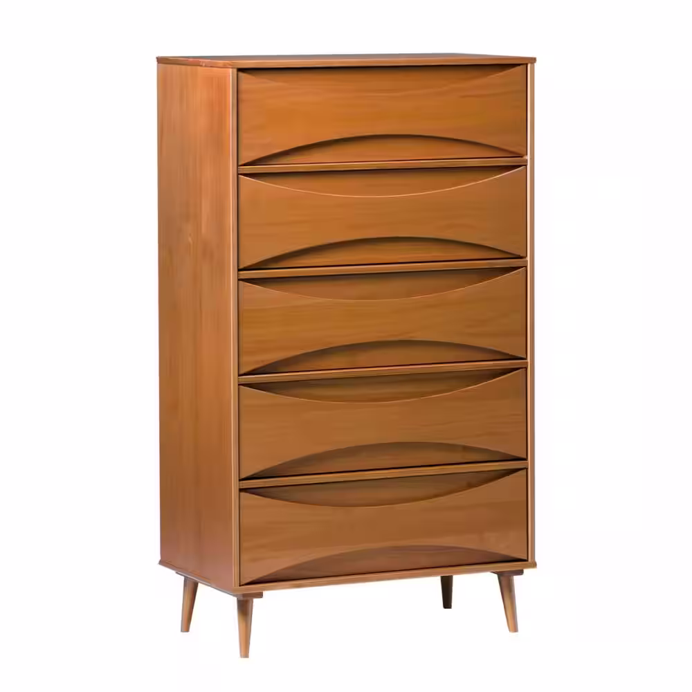 Welwick Designs 5-Drawer Caramel Wood Mid-Century Modern Dresser with Curved Detailing