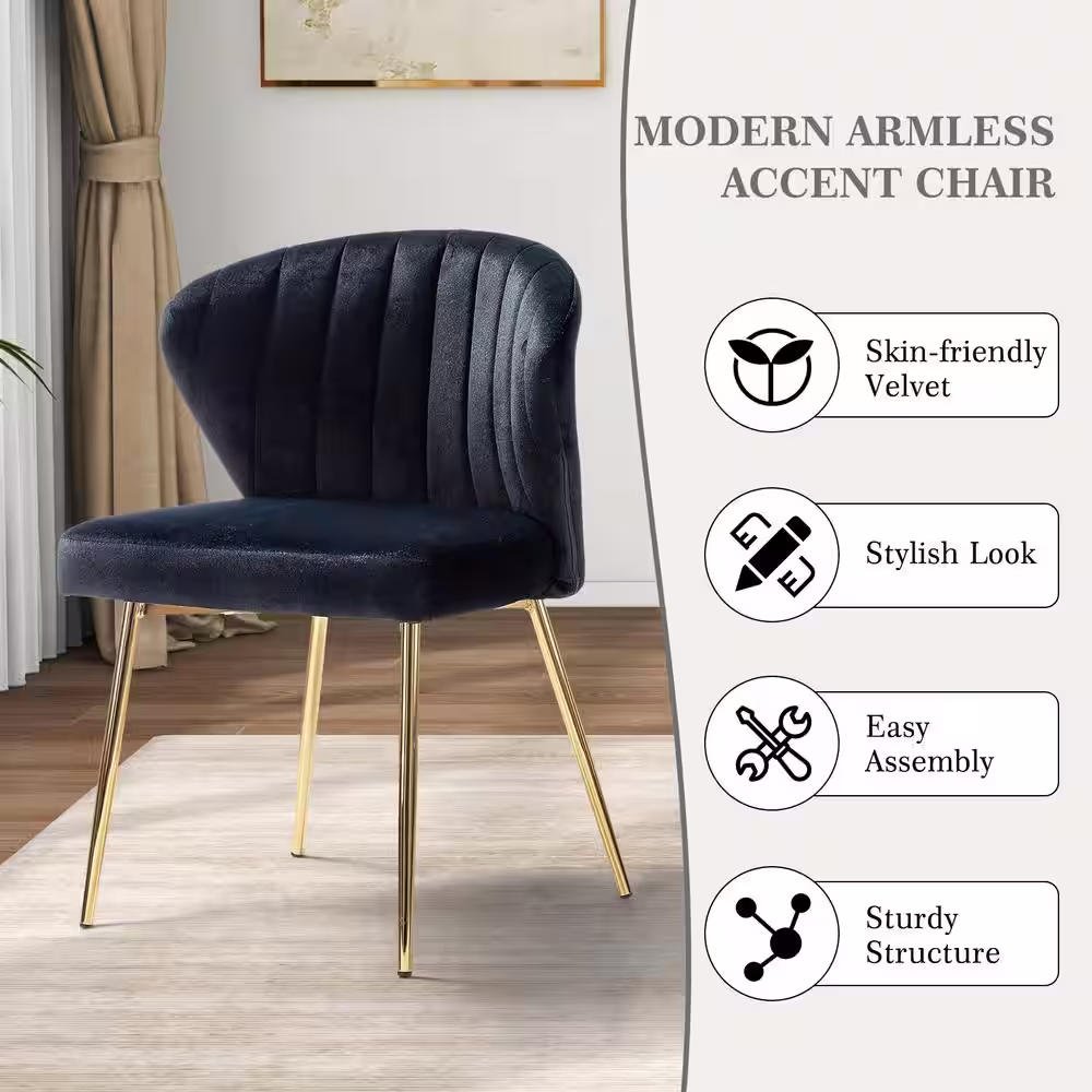 JAYDEN CREATION Olinto Modern Black Velvet Channel Tufted Side Chair with Metal Legs (Set of 4)