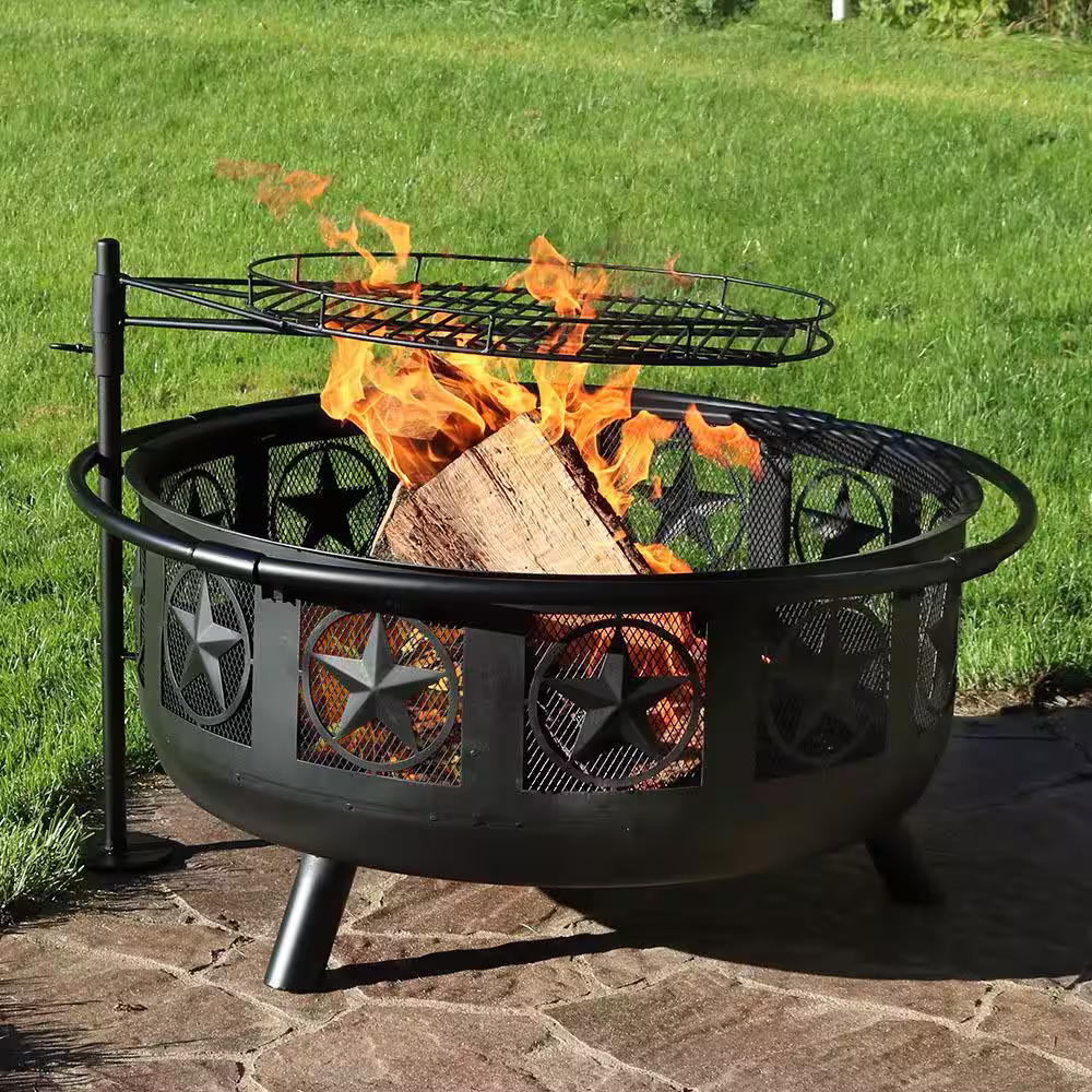 Sunnydaze Decor 36 in. W x 22.5 in. H Round Steel Wood Burning Fire Pit with Cooking Grate and Spark Screen