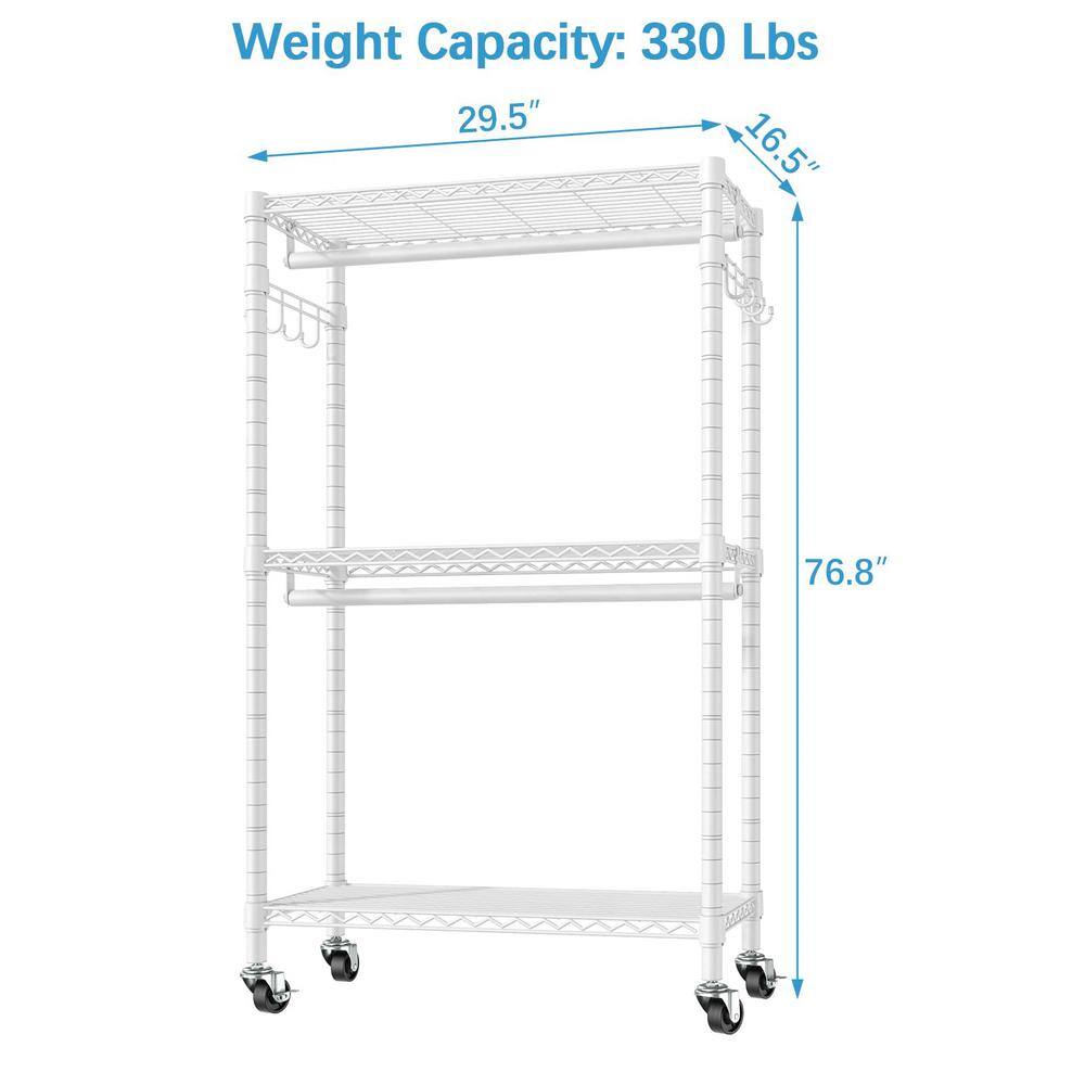 None White Metal Garment Clothes Rack with Wheels 29.5 in. W x 76.8 in. H