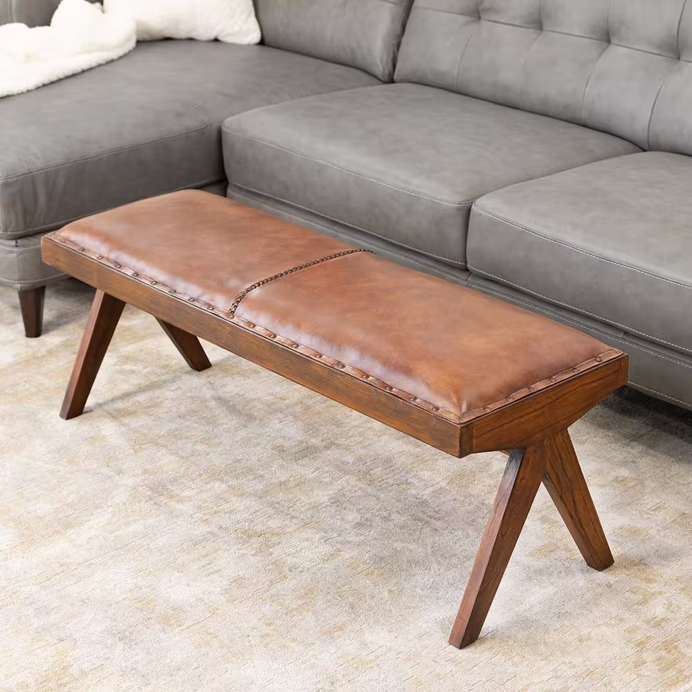 Ashcroft Furniture Co Fischer Mid-Century Modern Genuine Leather Upholstered Living Room Entryway Bedroom Bench in Tan Brown