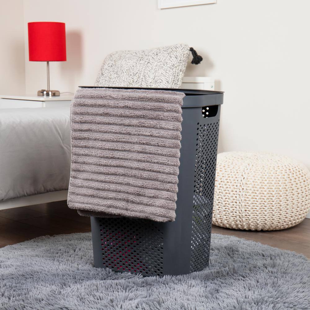Mind Reader Basket Collection Laundry Hamper, 60 Liter (15kg/33lbs) Capacity, Cut Out Handles, Attached Hinged Lid, Gray