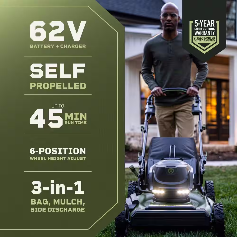Green Machine 62V Brushless 22 in. Electric Cordless Battery Self- Propelled Lawn Mower with 2 4.0 Ah Batteries and Charger