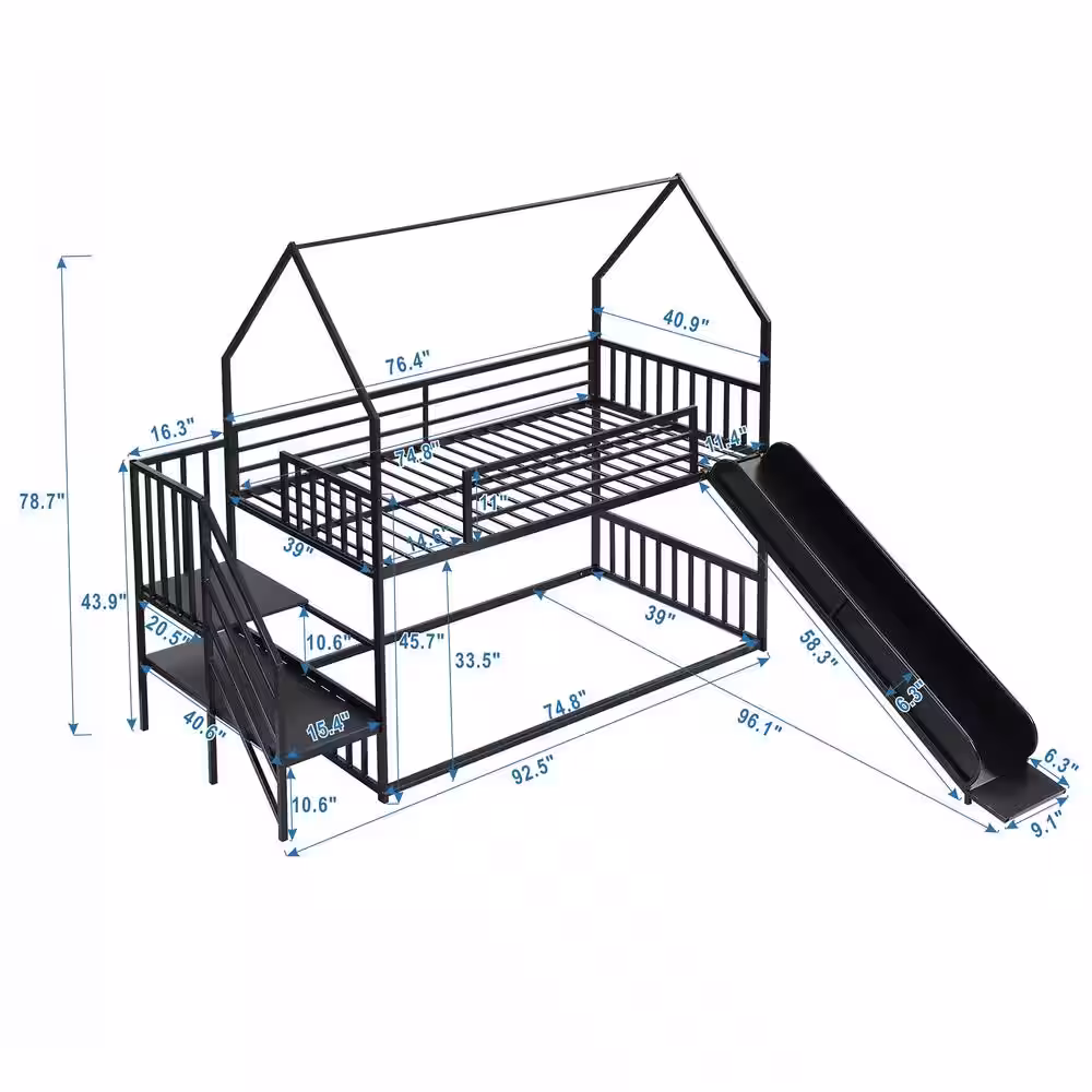 Harper & Bright Designs Black Twin Size Metal House Bunk Bed with Staircase and Slide
