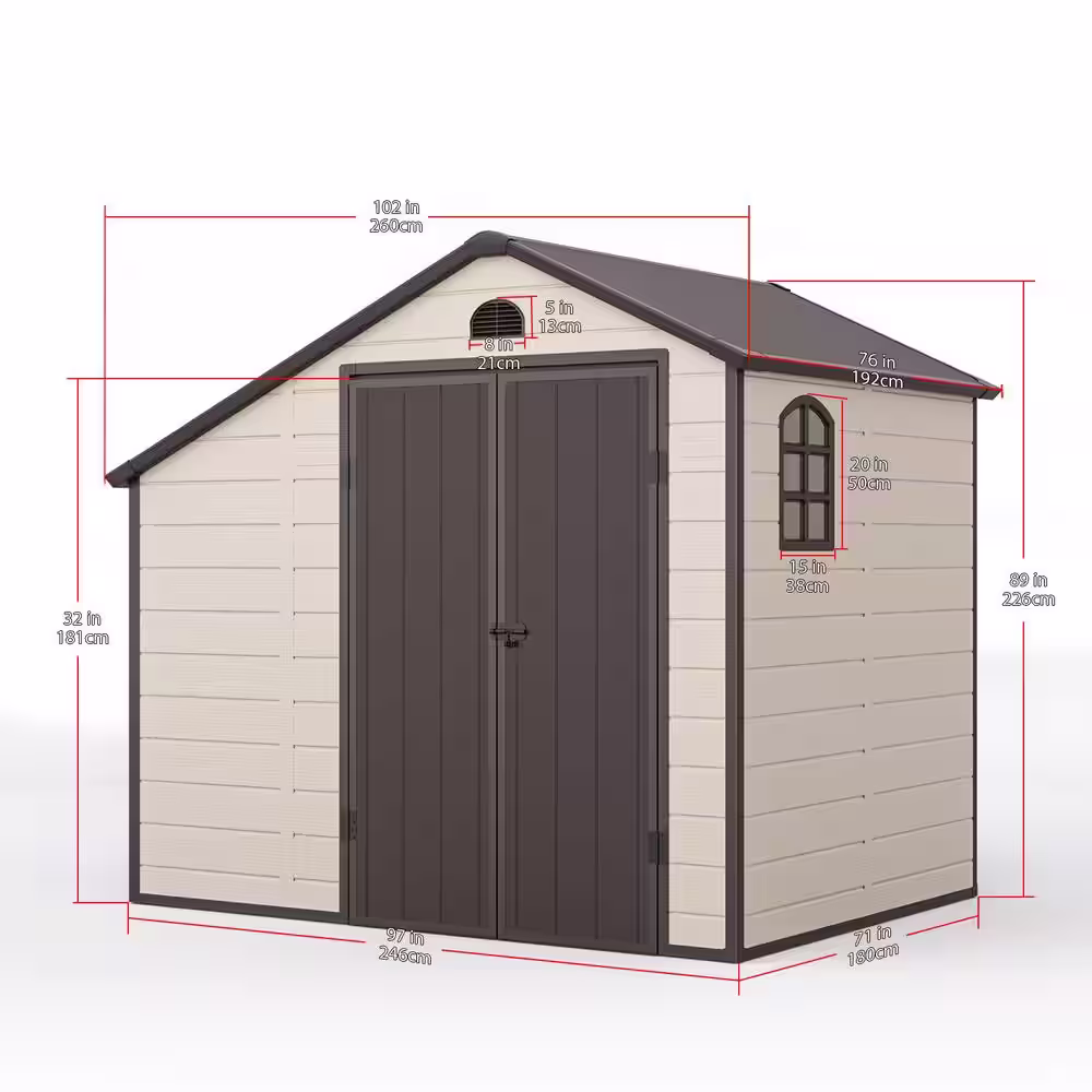 None 8.5 ft. W x 6.3 ft. D Plastic Outdoor Patio Storage Shed with Firewood Rack and Floor Coverage Area 53.6 sq. ft.