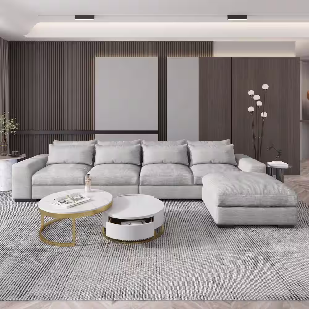 J&E Home 129.9 in. W Square Arm 3-Piece Linen L Shaped Reversible 4-Seater Sectional Sofa with Ottoman in Light Gray