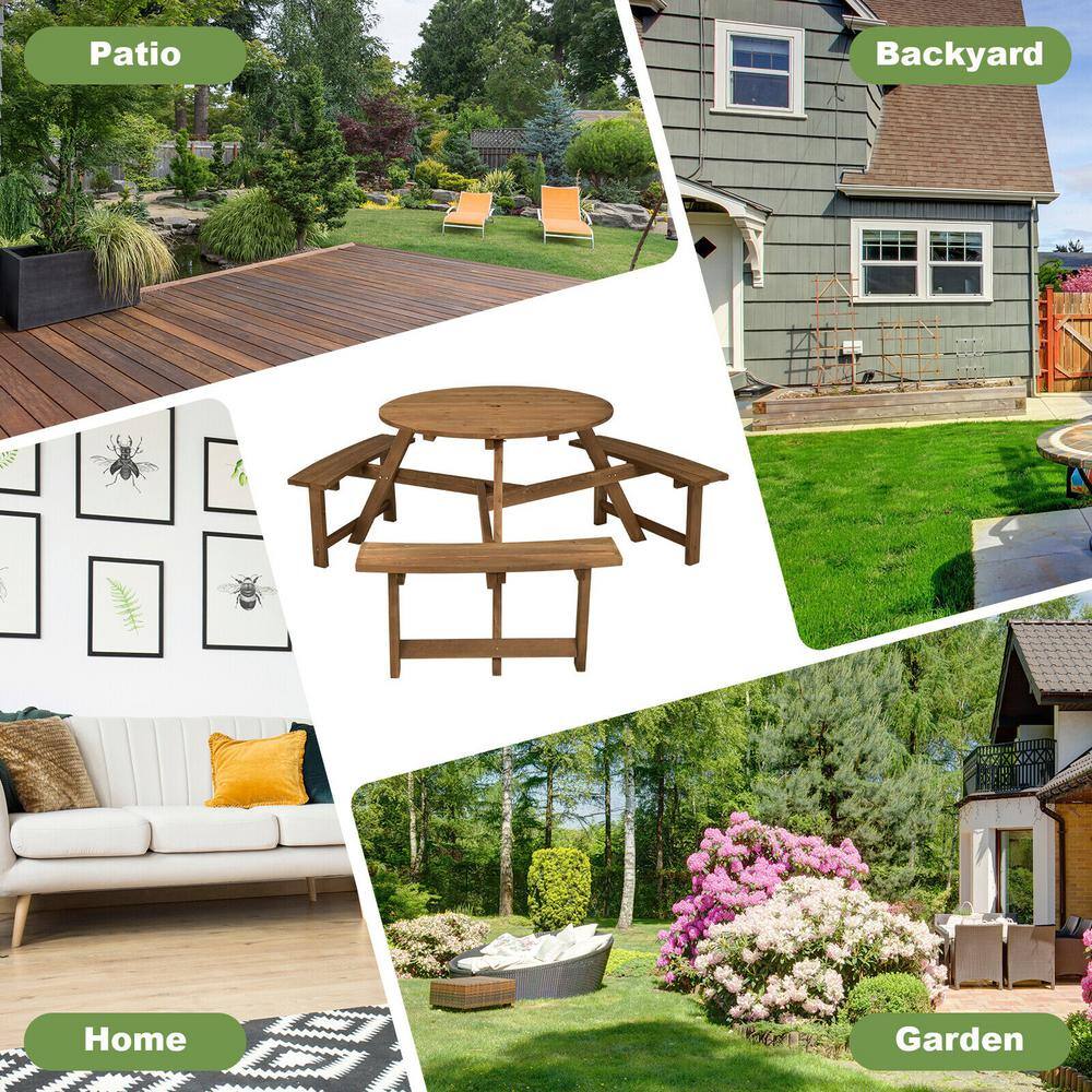 None 65 in. Dia 6-Person Round Wooden Picnic Table with Umbrella Hole and 3 Built-in Benches