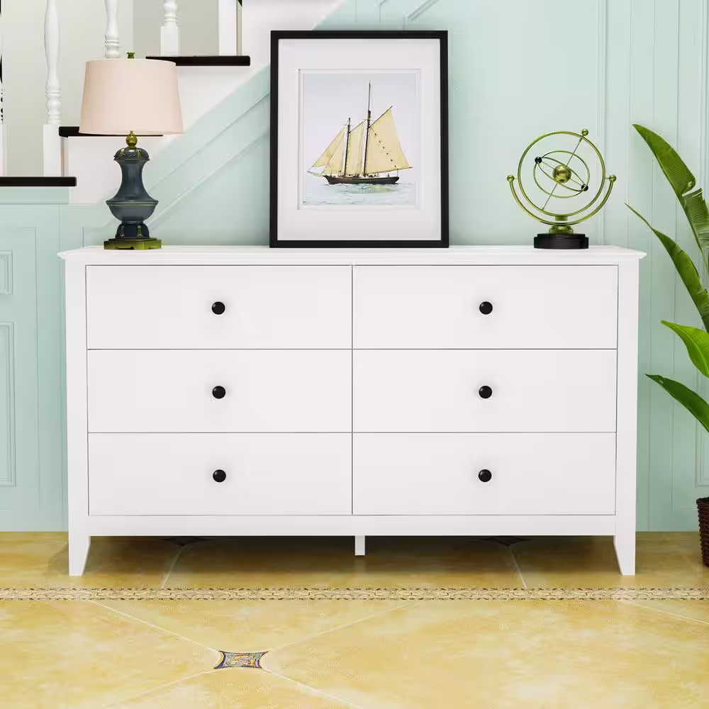 None White Wooden Dresser, Vanity, Cabinet with 6 Drawers and Eco-Friendly Paint Finish, 31.5 in. H x 55.1 in. W x 15.7 in. D