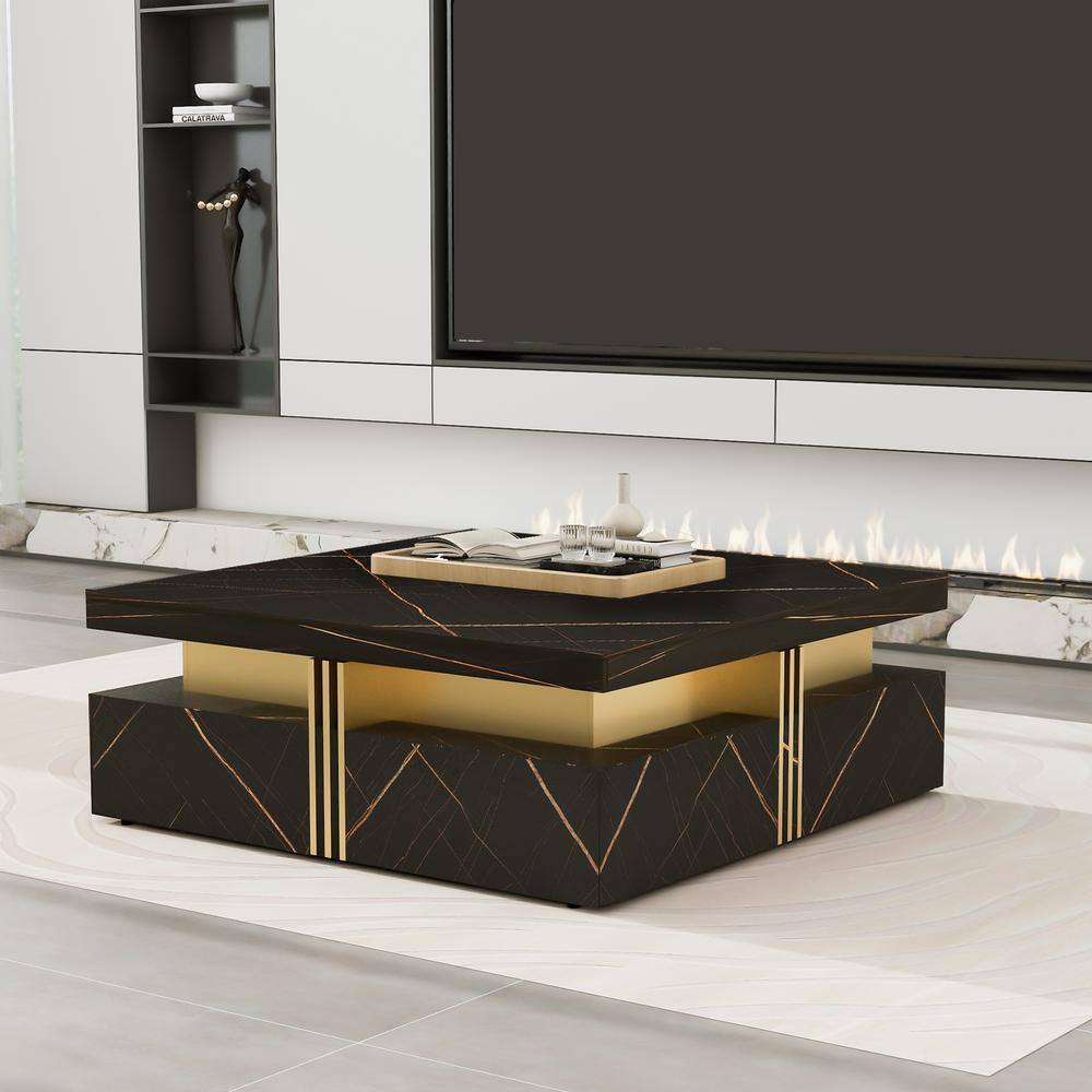 Harper & Bright Designs Modern and Stylish 43.3 in. Black Square MDF Coffee Table with 4 Drawers