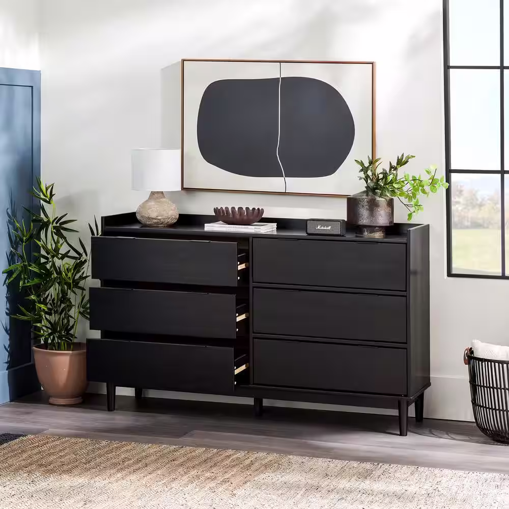 Welwick Designs 6-Drawer Black Solid Wood Mid-Century Modern Gallery-Top Dresser (33.75 in. H x 55.25 in. x 16 in. D)