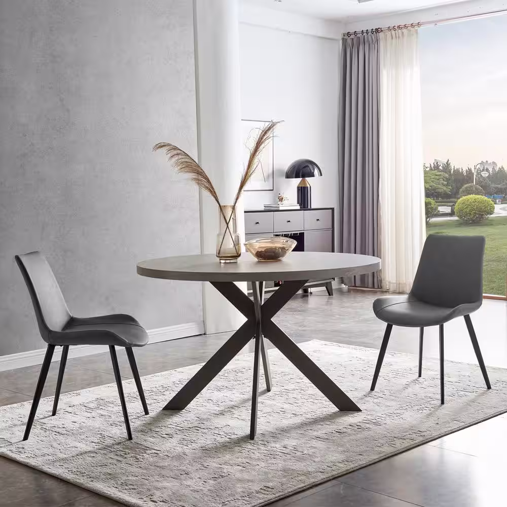 None 5-Piece Grey Chairs and Round Gray Dining Table, Dining Table Set with Matching 4 PU Chairs for Dining Room
