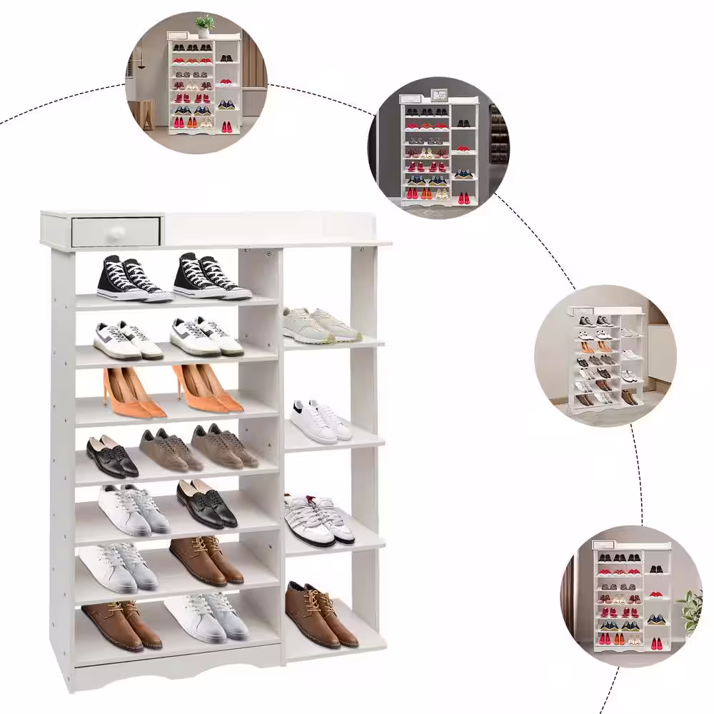 None 47.24 in. H 18-Pairs White 8-Tire MDF Shoe Rack Large Capacity Shoe Storage Organizer
