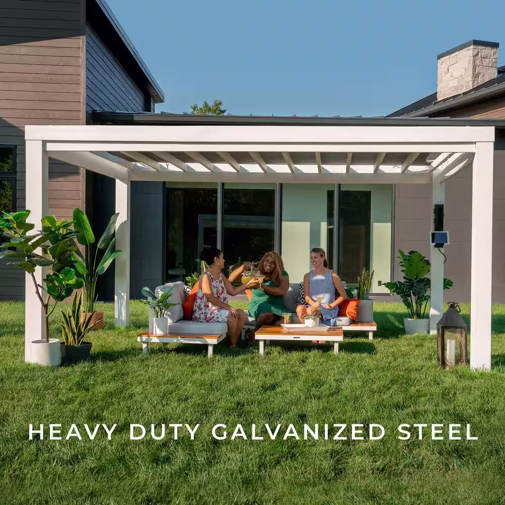 None Windham 14 ft. x 12 ft. White Steel Modern Pergola with Sail Shade Soft Canopy