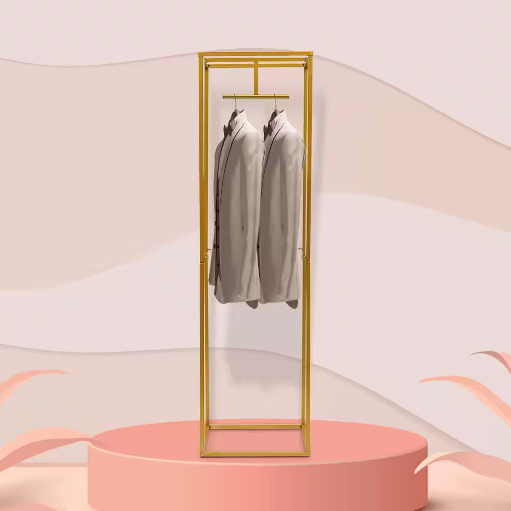 None Industrial Pipe Modern Square Gold Metal Clothes Rack Retail Store Display Stand 19.68 in. W x 70.86 in. H