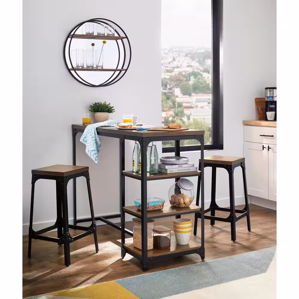 StyleWell Black Metal 3 Piece Dining Set with Haze Oak Finish Wood Top