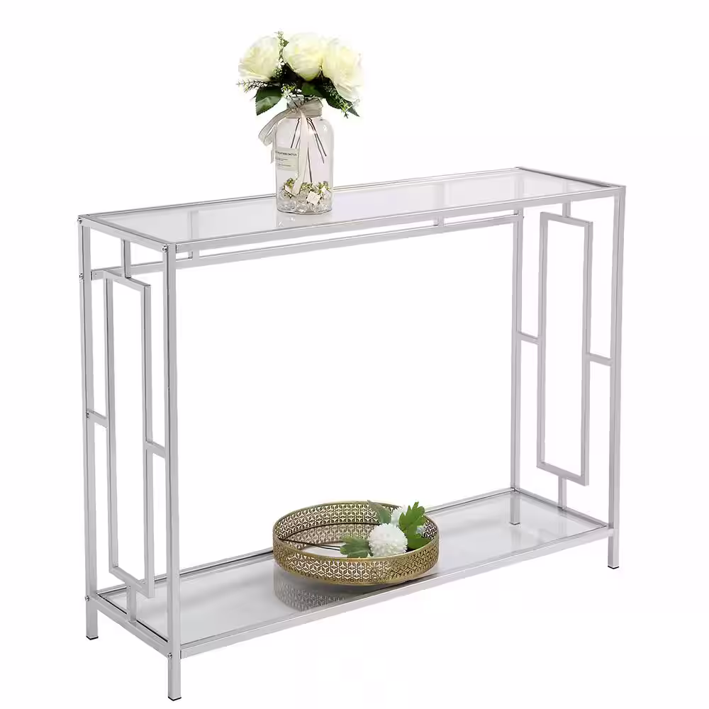 None 40.16 in. Standard Rectangle Silver FCH Toughened Glass Panel Console Table with Shelves