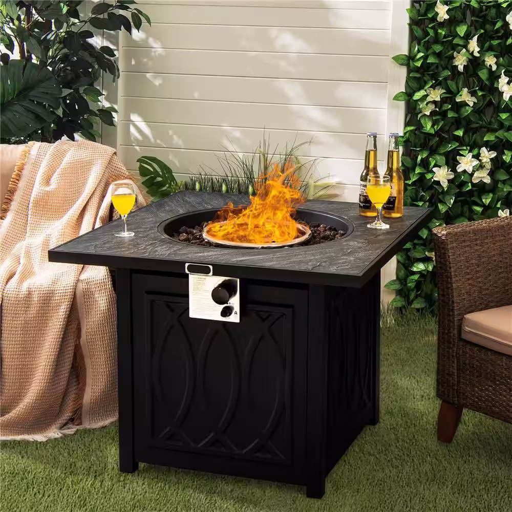 None 50,000 BTU Propane 32 in. Stone Metal Fire Pit Table Square Tabletop with Lava Rocks Cover