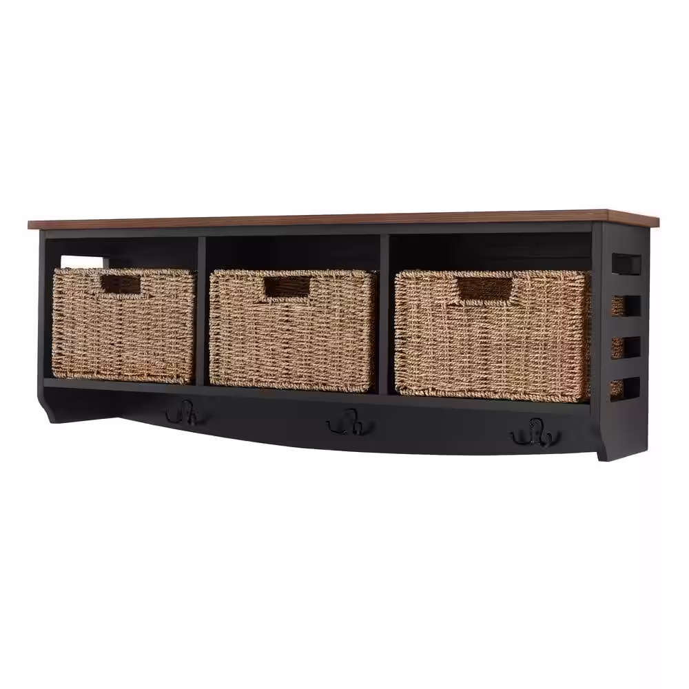 Home Decorators Collection 9.7 in. H x 40 in. W x 9.5 in. D Black and Walnut Wood Floating Decorative Cubby Wall Shelf with Hooks and Baskets