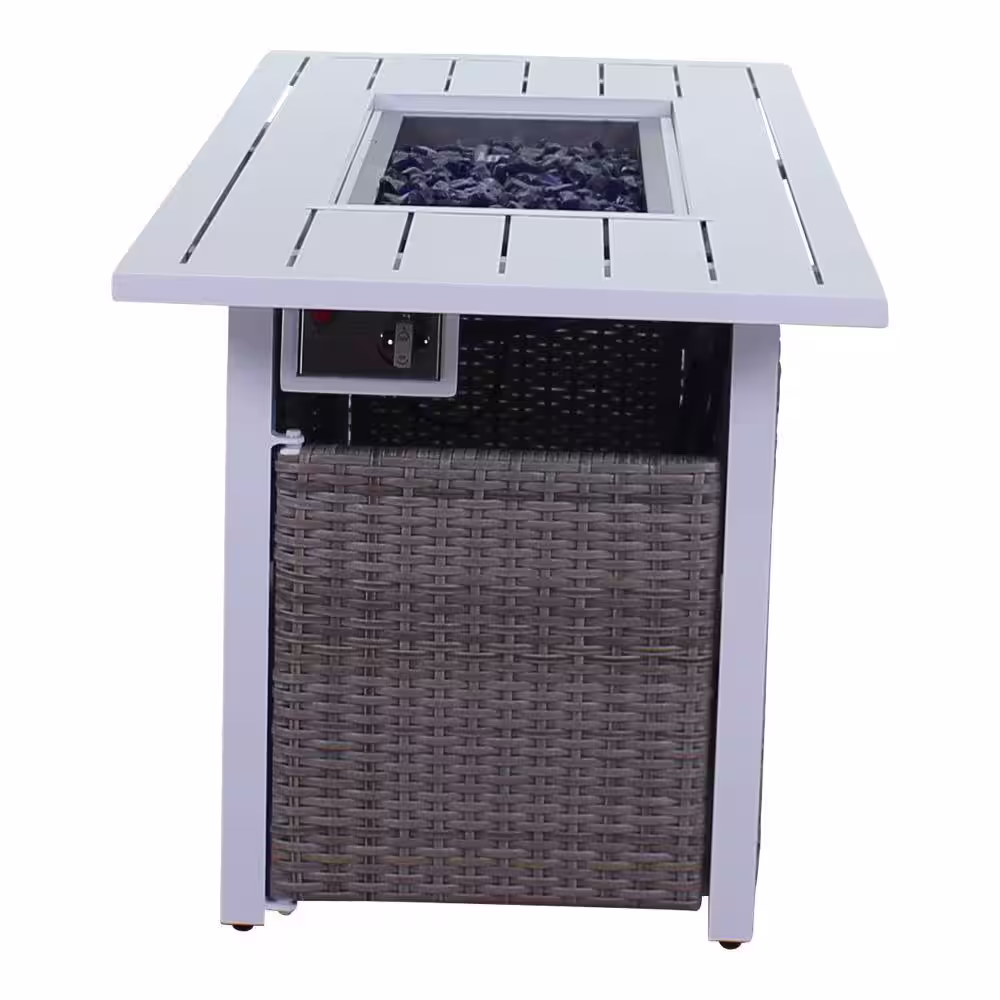 Courtyard Casual Santa Fe Aluminum Rectangle Fire Pit in White with 18 lbs. of Blue Fire Glass