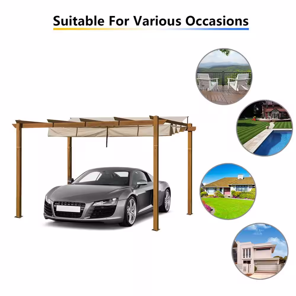 BANSA ROSE 9 ft. x 13 ft. Wood-Looking Aluminum Frame Retractable Pergola with Weather-Resistant Canopy