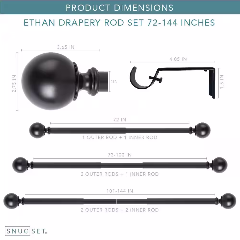 Snugset Ethan 72 in. x 144 in. Easy-Install Optional No Tools Adjustable 1 in. Single Rod Kit in Black with Ball Finials