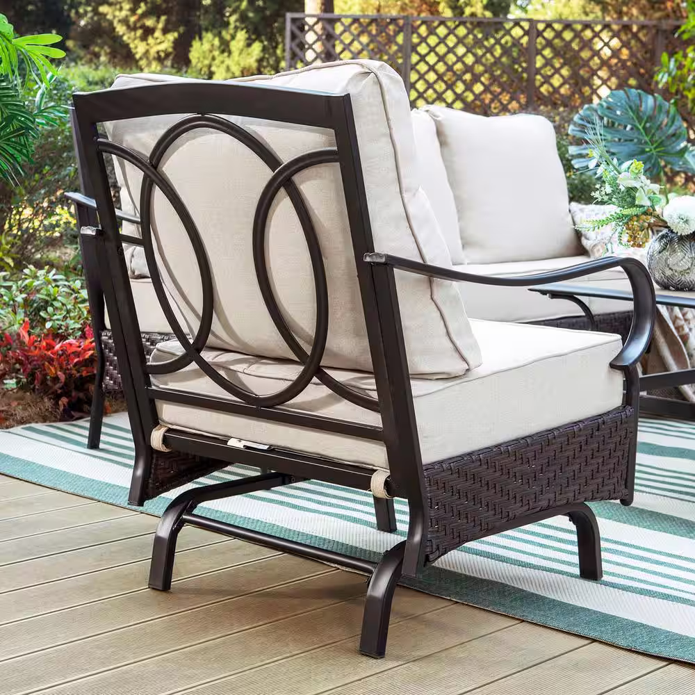 None Black Rattan 7 Seat 6-Piece Steel Outdoor Patio Conversation Set with Beige Cushions, Table with Wood-Grain Top