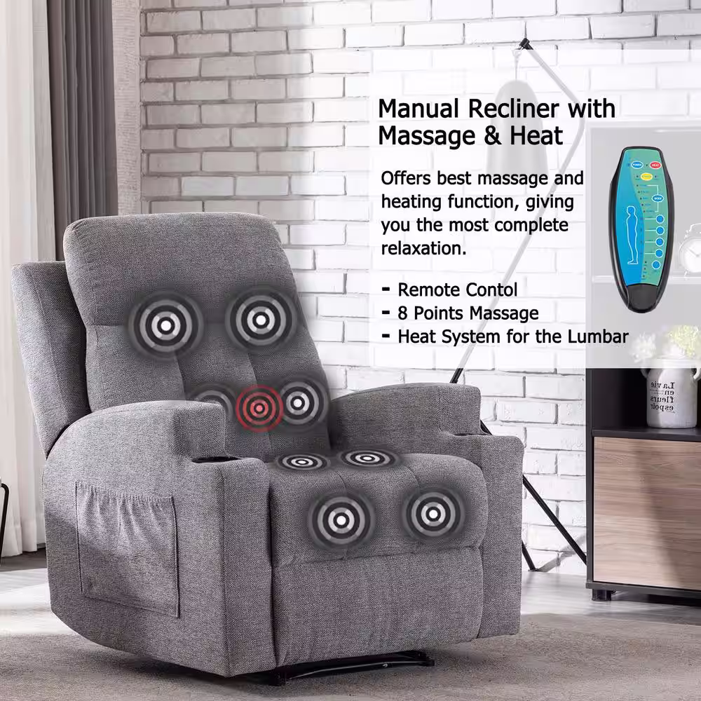 None Light Gray Recliner Chair with Massage and Heat, Fabric Living Room Reclining Single Sofa Seating with Cup Holders