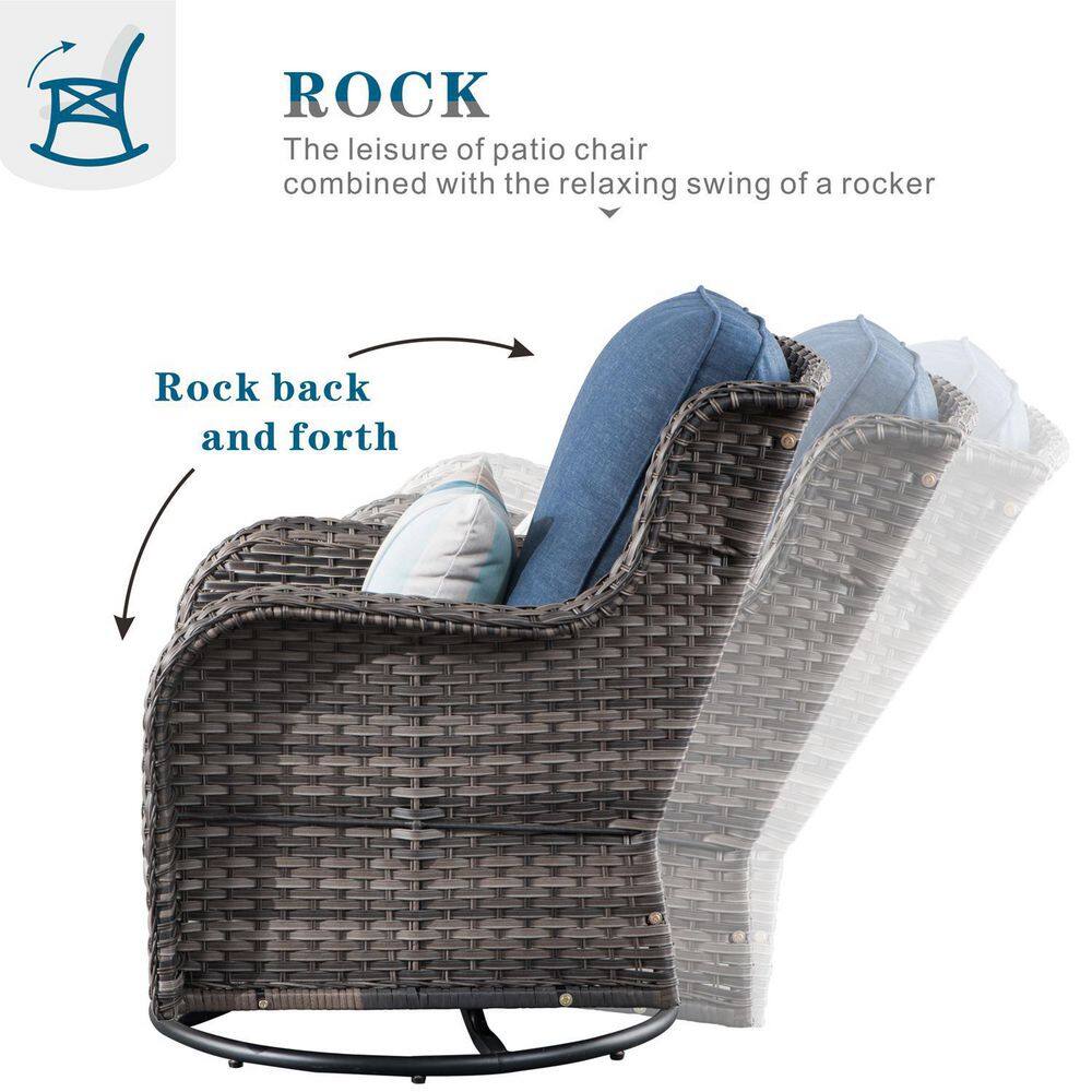 OVIOS New Kenard Gray 10-Piece Wicker Patio Conversation Set with Denim Blue Cushions and Swivel Rocking Chairs