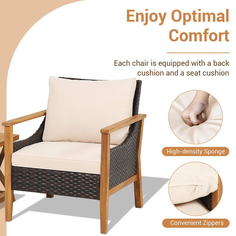 Costway 3PCS Wicker Patio Conversation Set Armchairs with 2-Tier Side Table Balcony and Natural Cushions