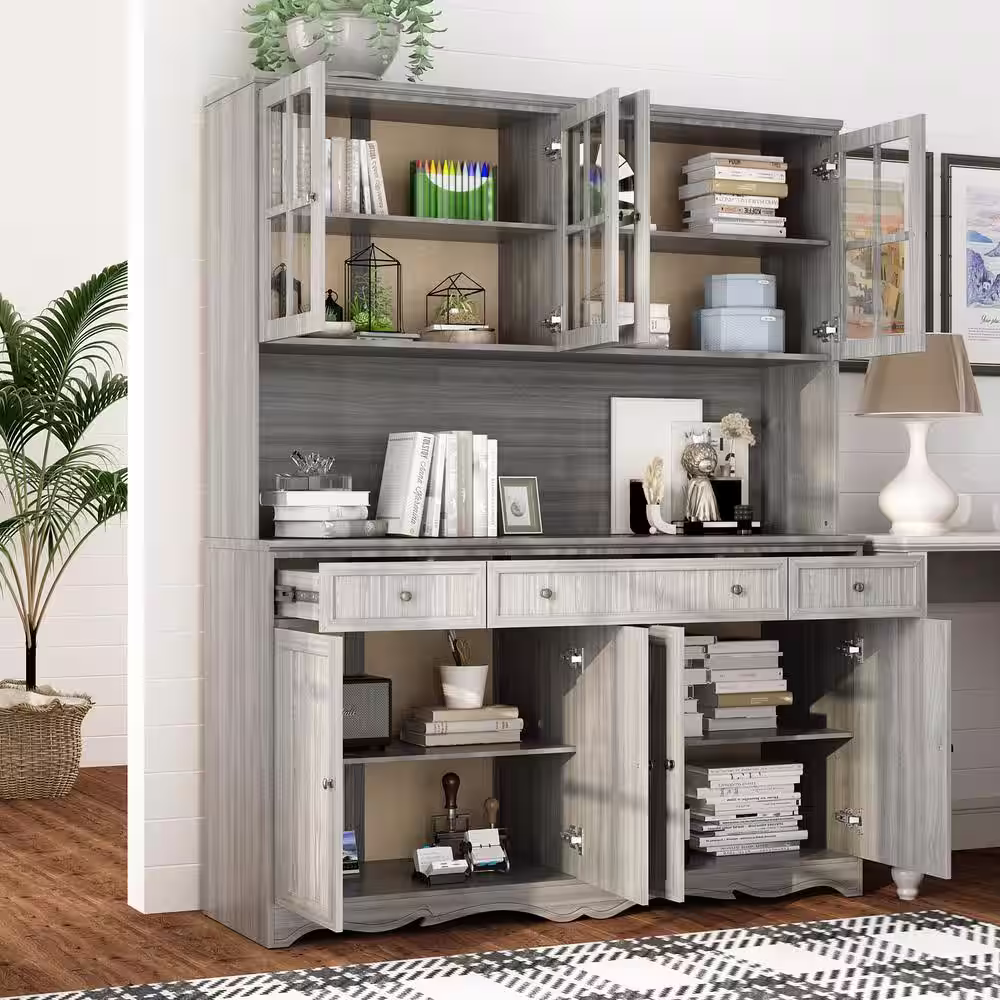 None Gray Retro Style Wood Accent Storage Cabinet with 3-Drawer, Tempered Glass Doors and Adjustable Shelves