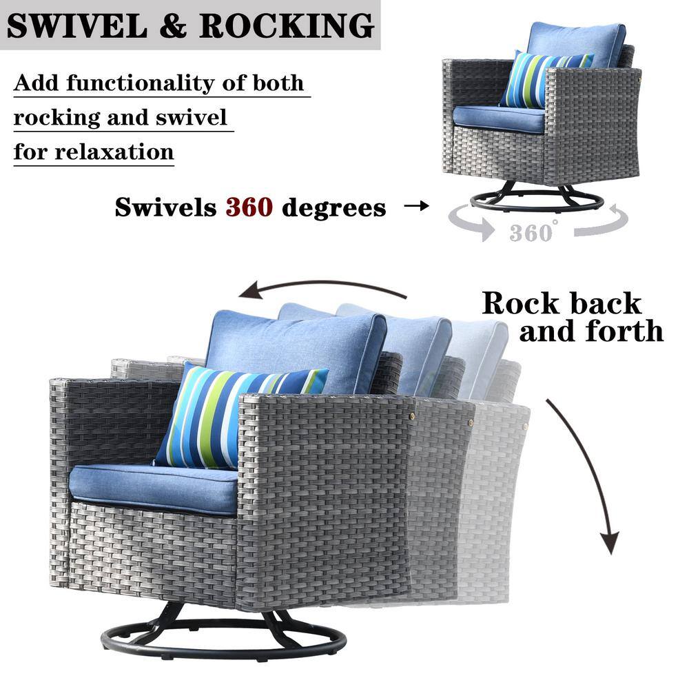 OVIOS New Star Gray 8-Piece Wicker Patio Conversation Seating Set with Blue Cushions and Swivel Chairs
