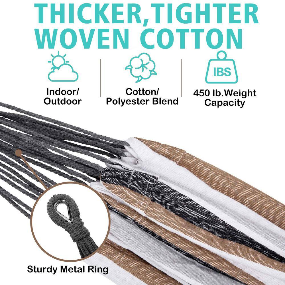 None 10 ft. Fabric Cotton Hammock Bed with Space Saving Steel Stand in Brown Stripes(450 lbs. Capacity- Carry Bag Included)