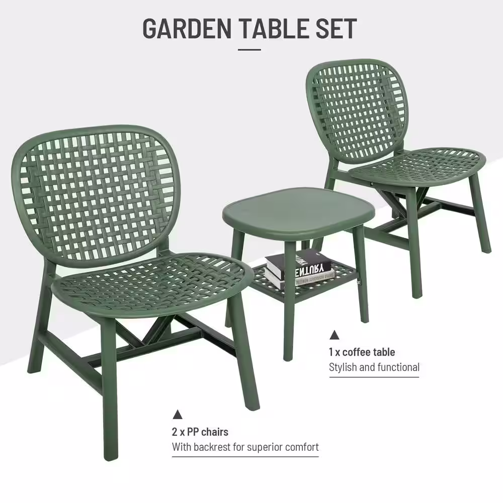 None Green3-Pieces Hollow Design Plastic Patio Conversation Bistro Set with Open Shelf and Lounge Chairs with Widened Seat