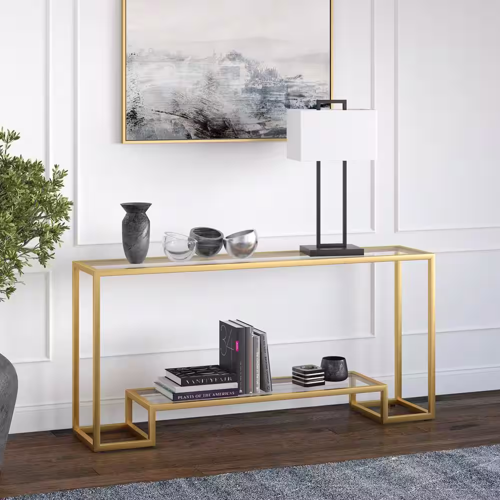 None Athena 64 in. Gold Rectangle Glass Console Table